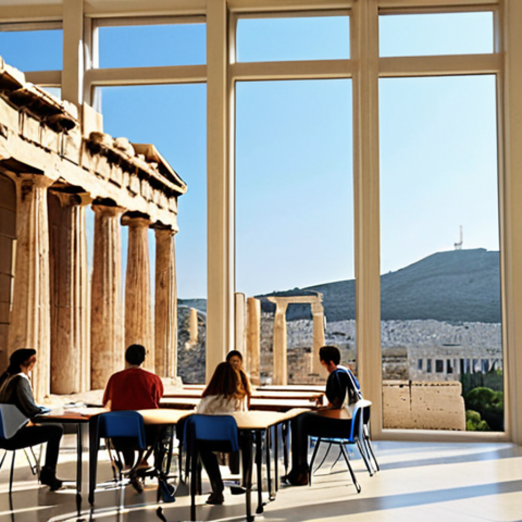An inspiring scene of a modern university building in Greece, with diverse students actively engaged in learning inside a bright classroom or library. Through a large window, the iconic ancient ruins of the Acropolis or Parthenon are clearly visible in the background, symbolizing the blend of timeless history and contemporary education. The atmosphere is intellectual and visually rich.