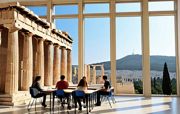 An inspiring scene of a modern university building in Greece, with diverse students actively engaged in learning inside a bright classroom or library. Through a large window, the iconic ancient ruins of the Acropolis or Parthenon are clearly visible in the background, symbolizing the blend of timeless history and contemporary education. The atmosphere is intellectual and visually rich.