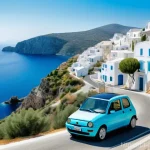 그리스에서 운전할 때 유의할 점 - **Prompt:** A vibrant, sunny afternoon scene featuring a winding coastal road in Greece. A modern, c...