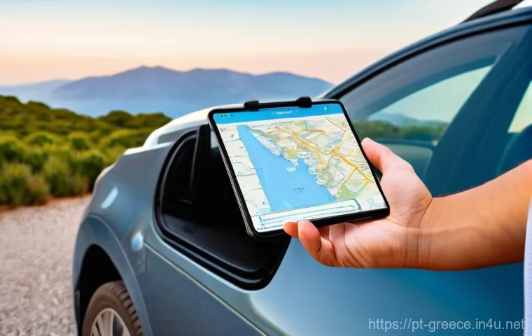 그리스에서 운전할 때 유의할 점 - **Prompt:** An authentic moment in a charming, sun-drenched Greek village street. A compact rental c...