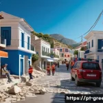 Home 22 그리스에서 자주 발생하는 자연재해 - A detailed scene of a Greek coastal town during an earthquake, showing modern and traditional buildi...