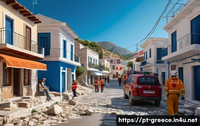 그리스에서 자주 발생하는 자연재해 - A detailed scene of a Greek coastal town during an earthquake, showing modern and traditional buildi...