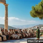 Home 21 그리스 민주주의 탄생 - A detailed scene of an ancient Athenian public assembly (Ekklesia) held outdoors on the Pnyx hill, f...