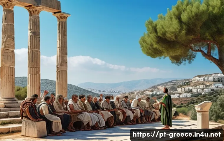 그리스 민주주의 탄생 - A detailed scene of an ancient Athenian public assembly (Ekklesia) held outdoors on the Pnyx hill, f...