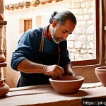Home 19 그리스 전통 공예와 기념품 - A traditional Greek pottery workshop scene in Crete, showing an artisan skillfully shaping a clay va...