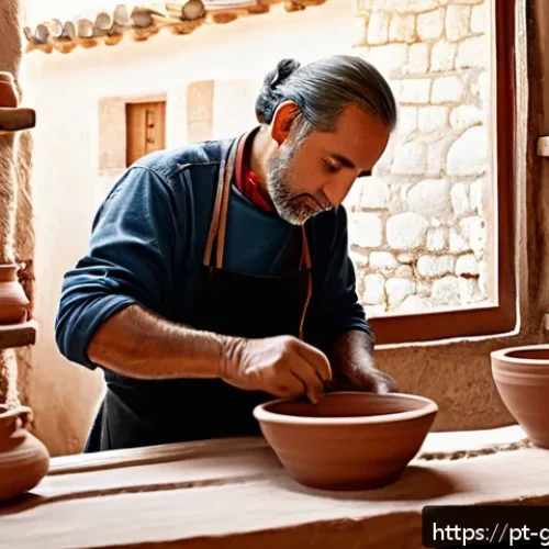 Home 31 그리스 전통 공예와 기념품 - A traditional Greek pottery workshop scene in Crete, showing an artisan skillfully shaping a clay va...