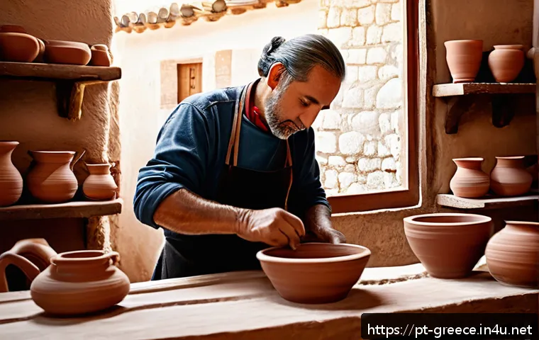 그리스 전통 공예와 기념품 - A traditional Greek pottery workshop scene in Crete, showing an artisan skillfully shaping a clay va...