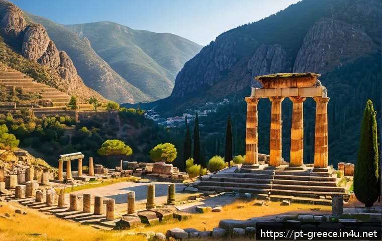 델피 유적지 방문 가이드 - A panoramic view of the Temple of Apollo at Delphi during golden hour, showcasing the ancient Doric ...