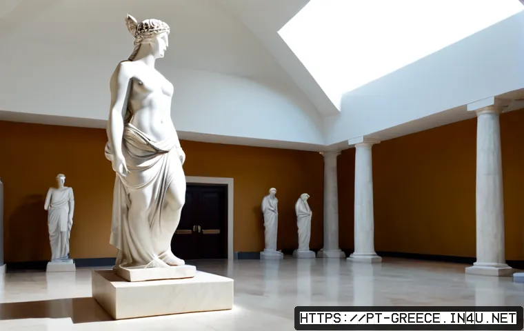 그리스의 대표적인 미술 작품 - Photorealistic museum gallery scene featuring a pristine white marble classical Greek-style goddess ...