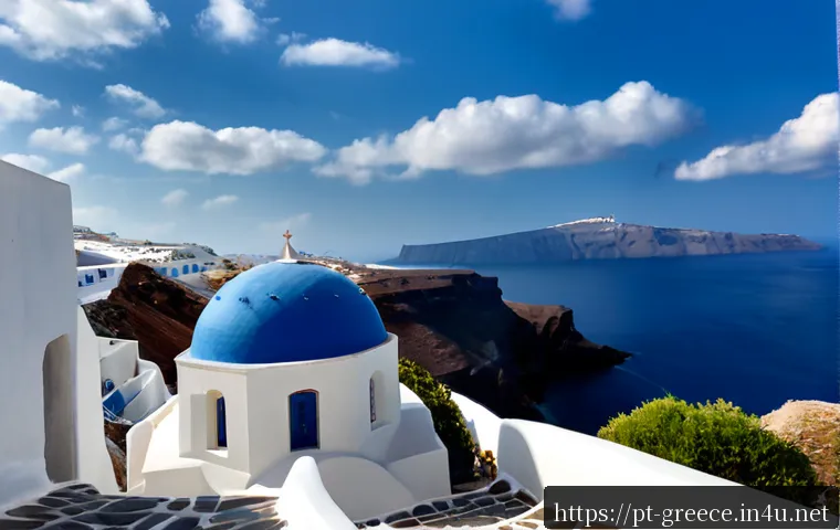 Home 17 그리스 기후와 여행 최적기 - Photorealistic wide view of Santorini, Greece in late spring, whitewashed cliffside homes and blue-d...