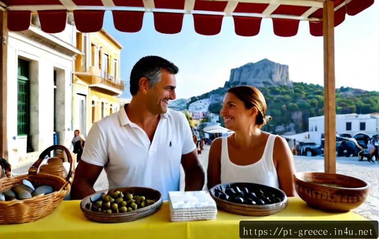 그리스에서 쇼핑하기 좋은 곳 - Photorealistic travel shopping scene in Athens, Greece: a cheerful Portuguese-speaking couple browsi...